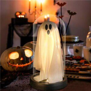 Light-Up Ghost in Glass Cloche - Cute Halloween Decor for Table Top Home & Party